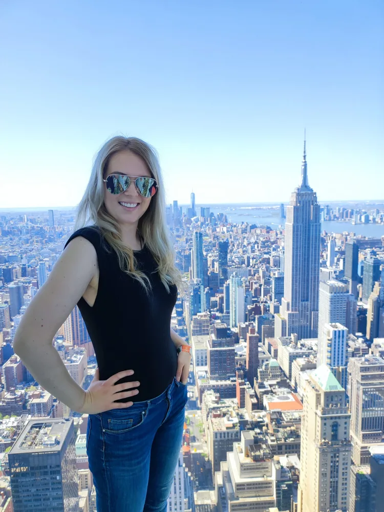Annika Helendi above the New York City skyline